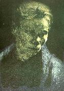 kathe kollwitz brostbild av arbetarkvinna med bla halsduk oil painting